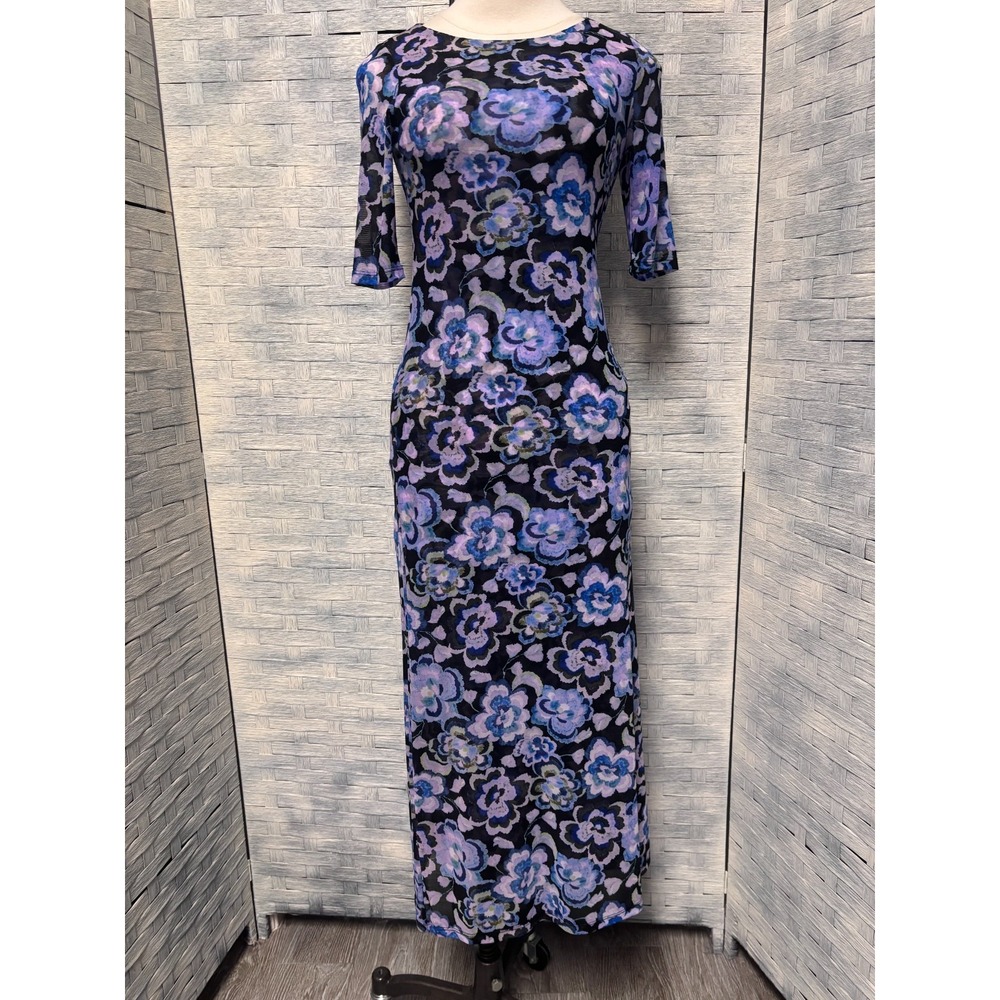 Johnny Was Womens XS Blue Purple Floral Calanthe Mesh Midi Dress